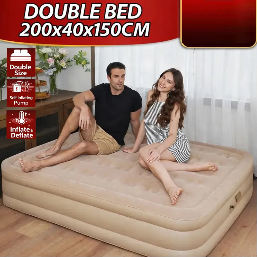 Man and woman sitting on an inflatable double bed with product features displayed.