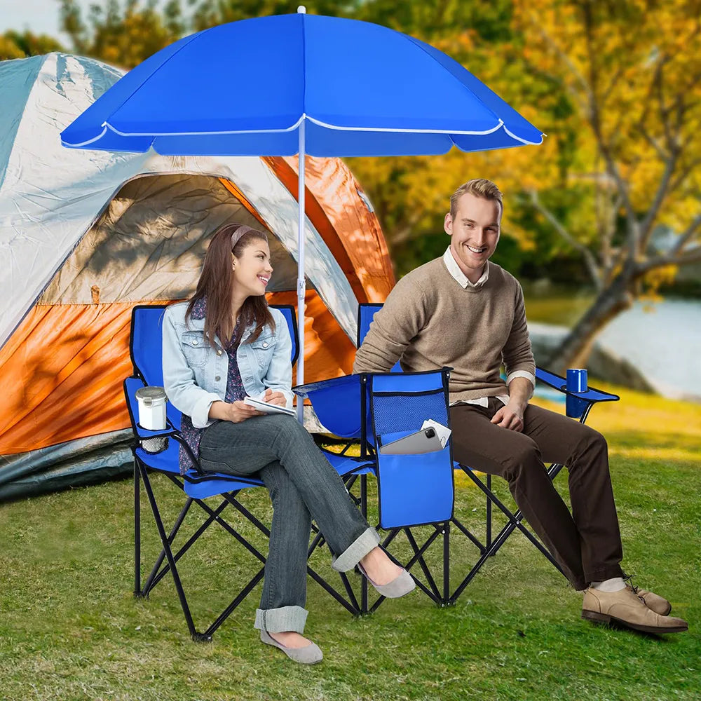 Double Folding Picnic Chairs – Portable 2-Seat Camping Chair with Adjustable Umbrella, Cooler Bag & Beverage Holders