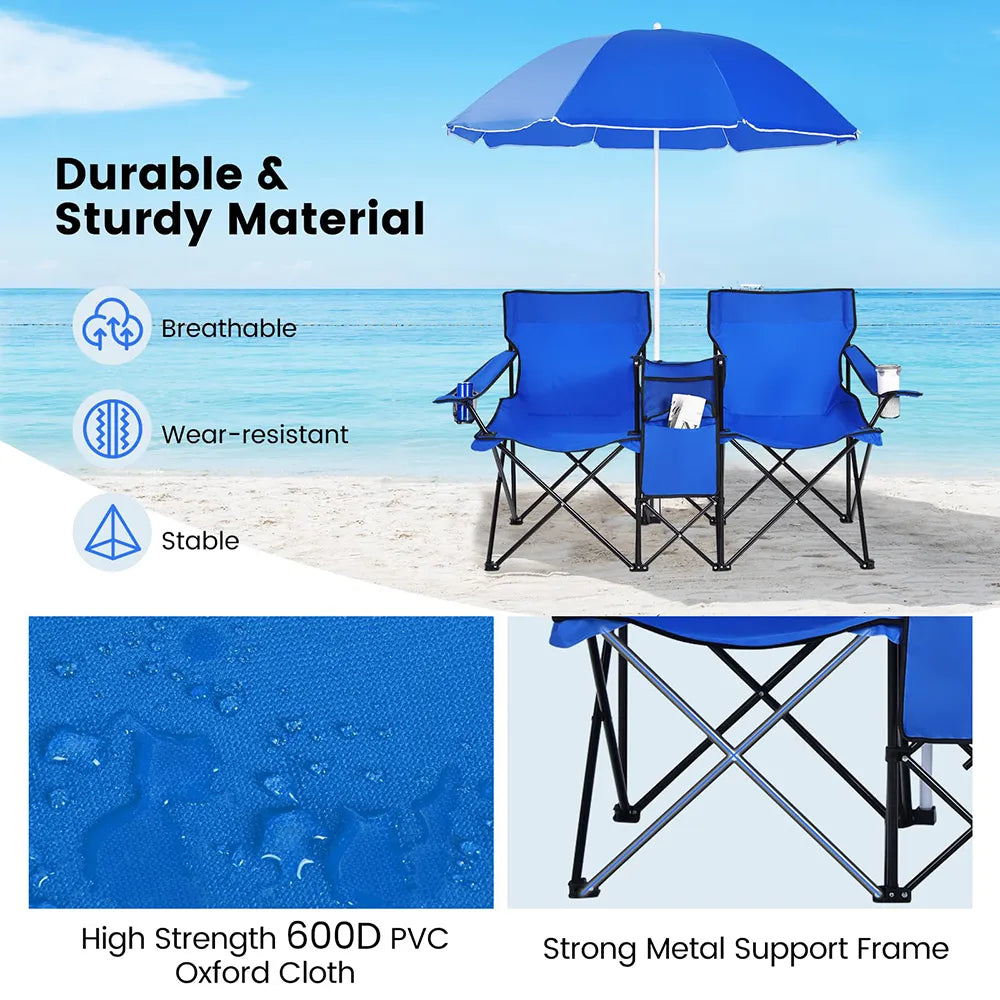 Double Folding Picnic Chairs – Portable 2-Seat Camping Chair with Adjustable Umbrella, Cooler Bag & Beverage Holders