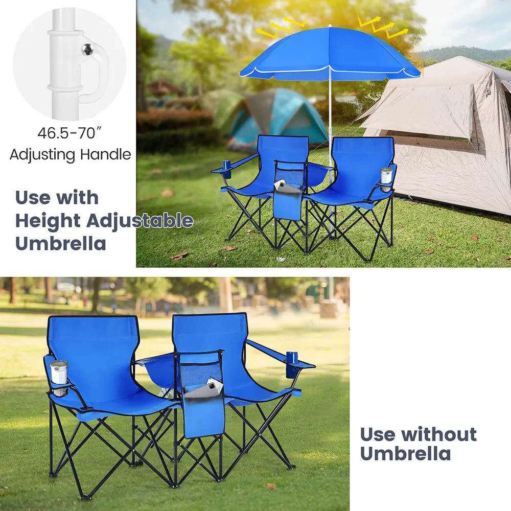 Double Folding Picnic Chairs – Portable 2-Seat Camping Chair with Adjustable Umbrella, Cooler Bag & Beverage Holders