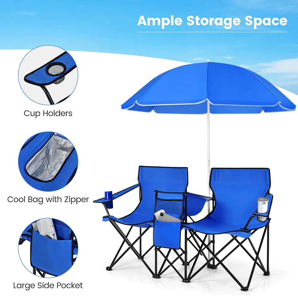 Double Folding Picnic Chairs – Portable 2-Seat Camping Chair with Adjustable Umbrella, Cooler Bag & Beverage Holders