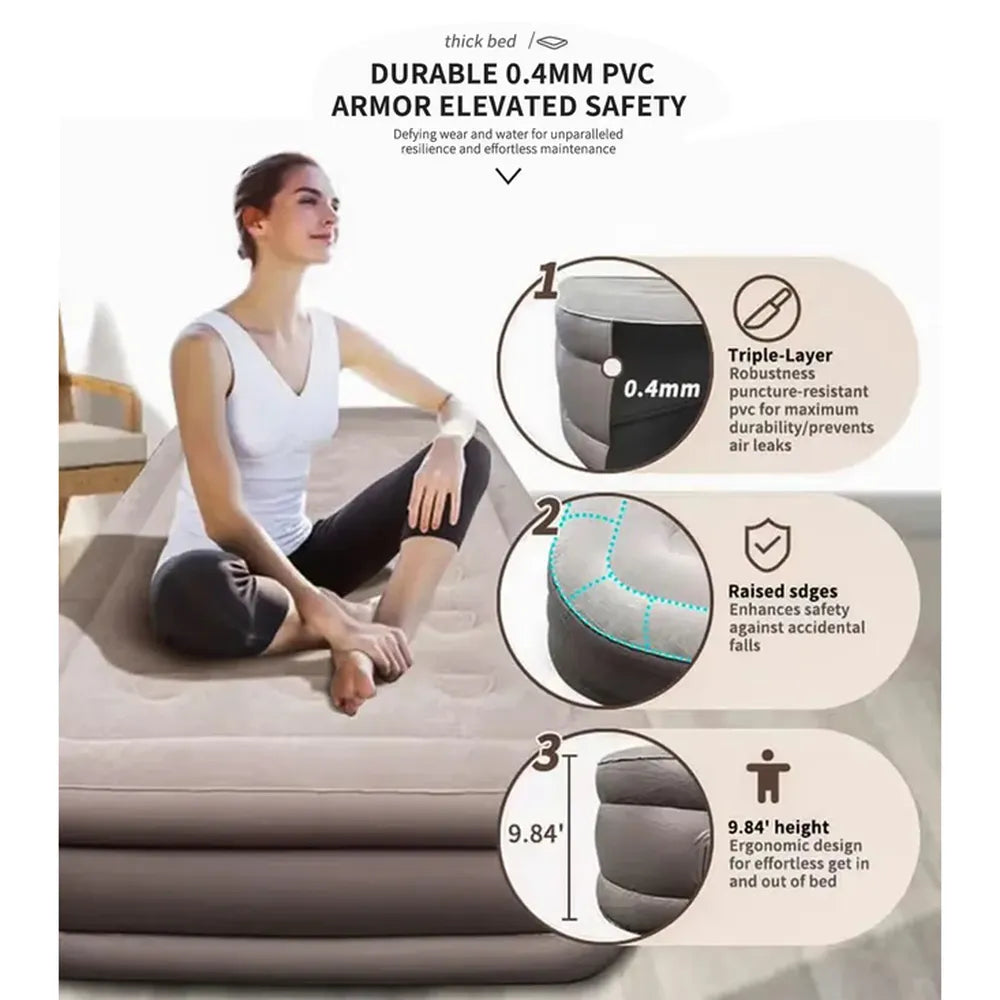Inflatable air mattress with features highlighted on a white background