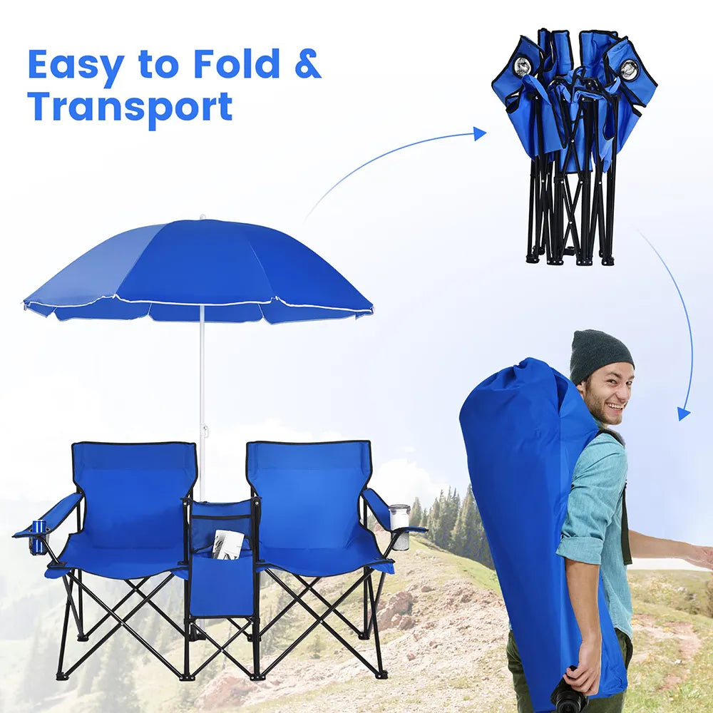 Double Folding Picnic Chairs – Portable 2-Seat Camping Chair with Adjustable Umbrella, Cooler Bag & Beverage Holders