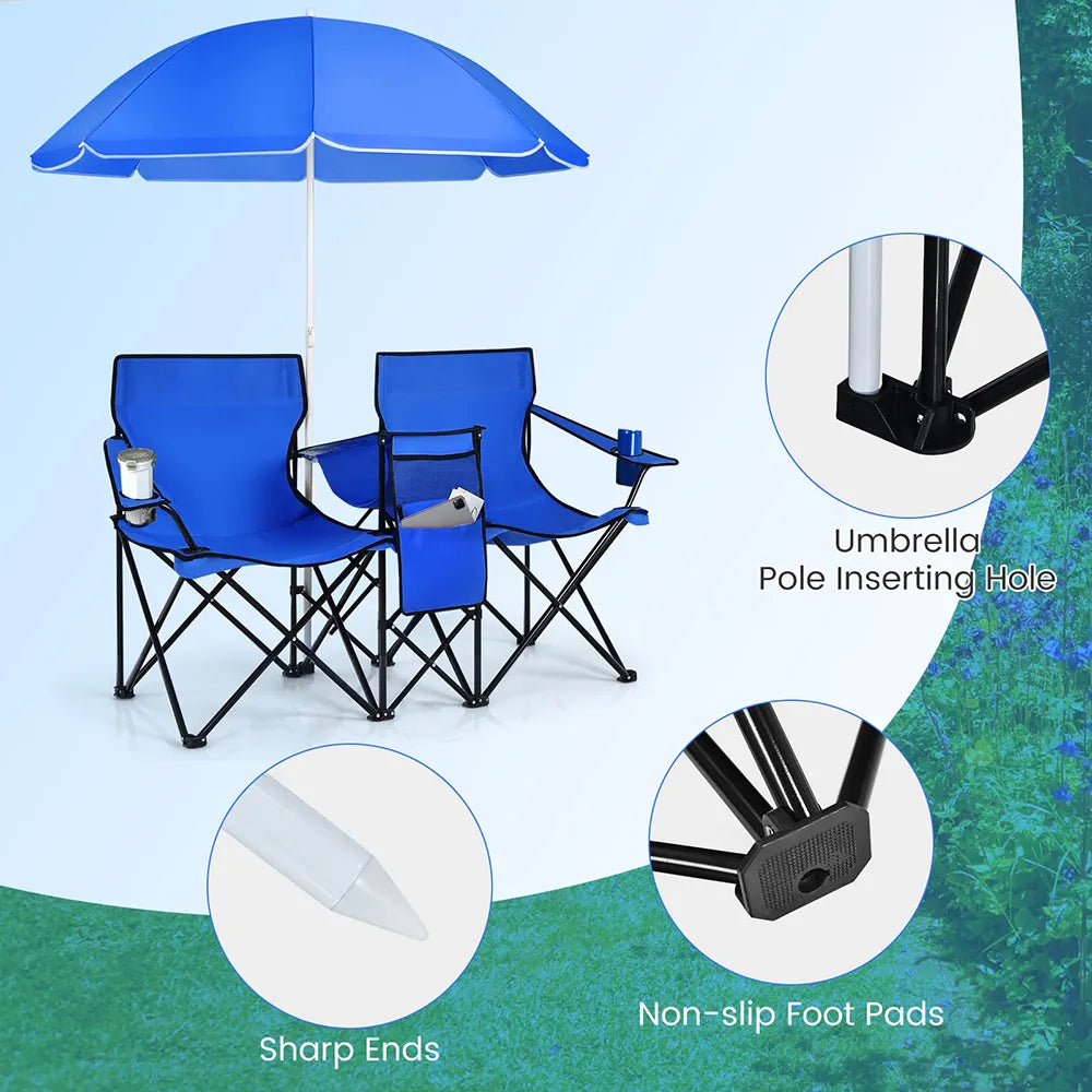 Double Folding Picnic Chairs – Portable 2-Seat Camping Chair with Adjustable Umbrella, Cooler Bag & Beverage Holders