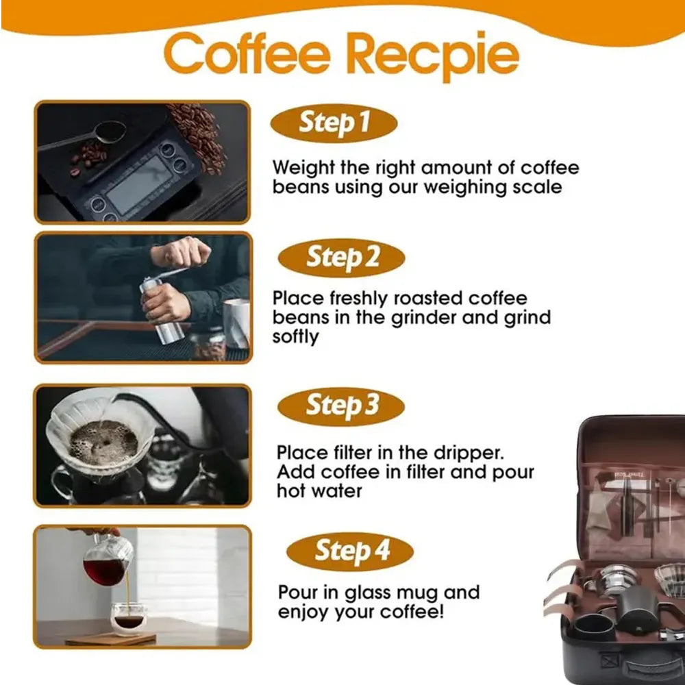 V60 Coffee Kit  12-Piece Portable Brewing Set with 600ml Stainless Steel Kettle, Glass Server & Manual Grinder