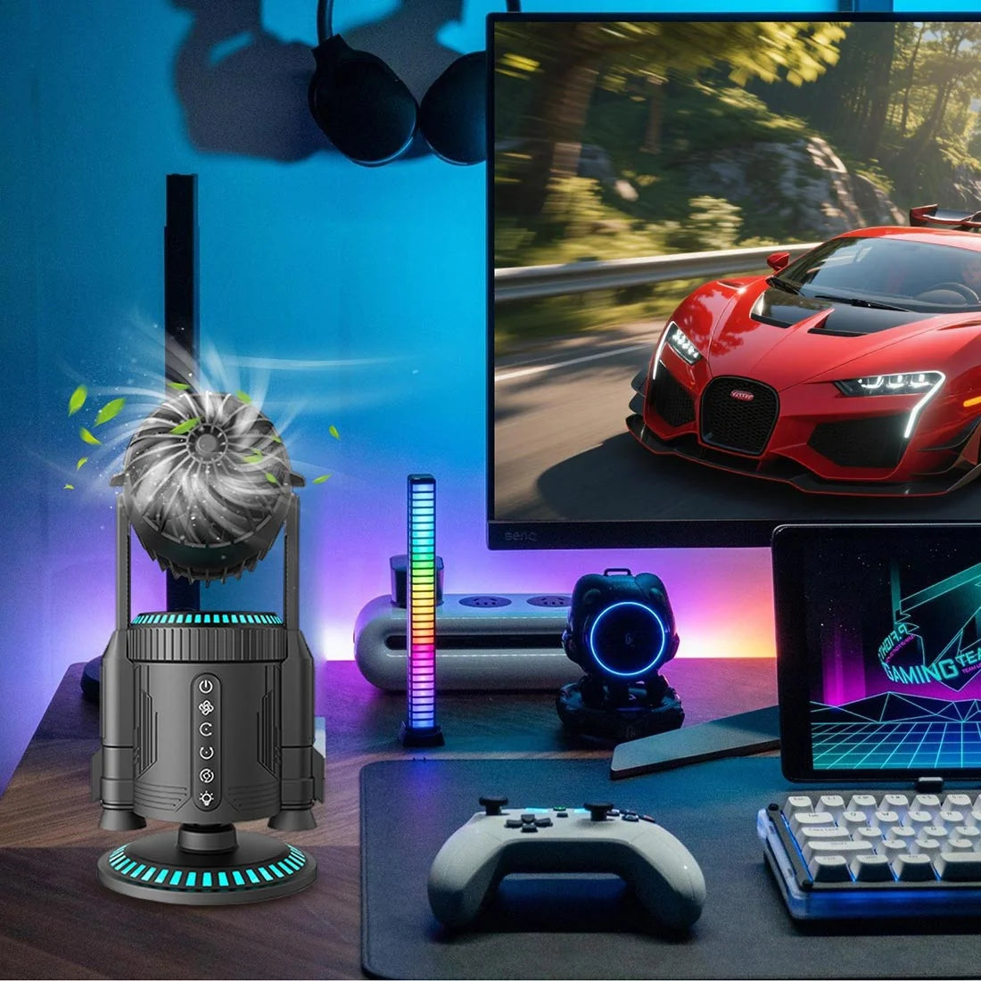Rocket-Style Desktop Fan with Dual Mist Spray & RGB Light Lamp