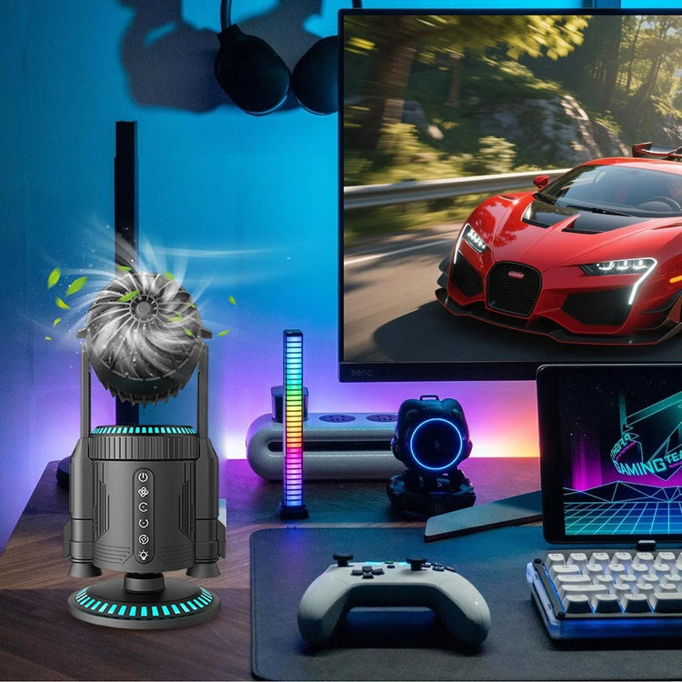 مروحة مكتب بتصميم صاروخي مع رذاذ ضباب مزدوج وإضاءة RGB