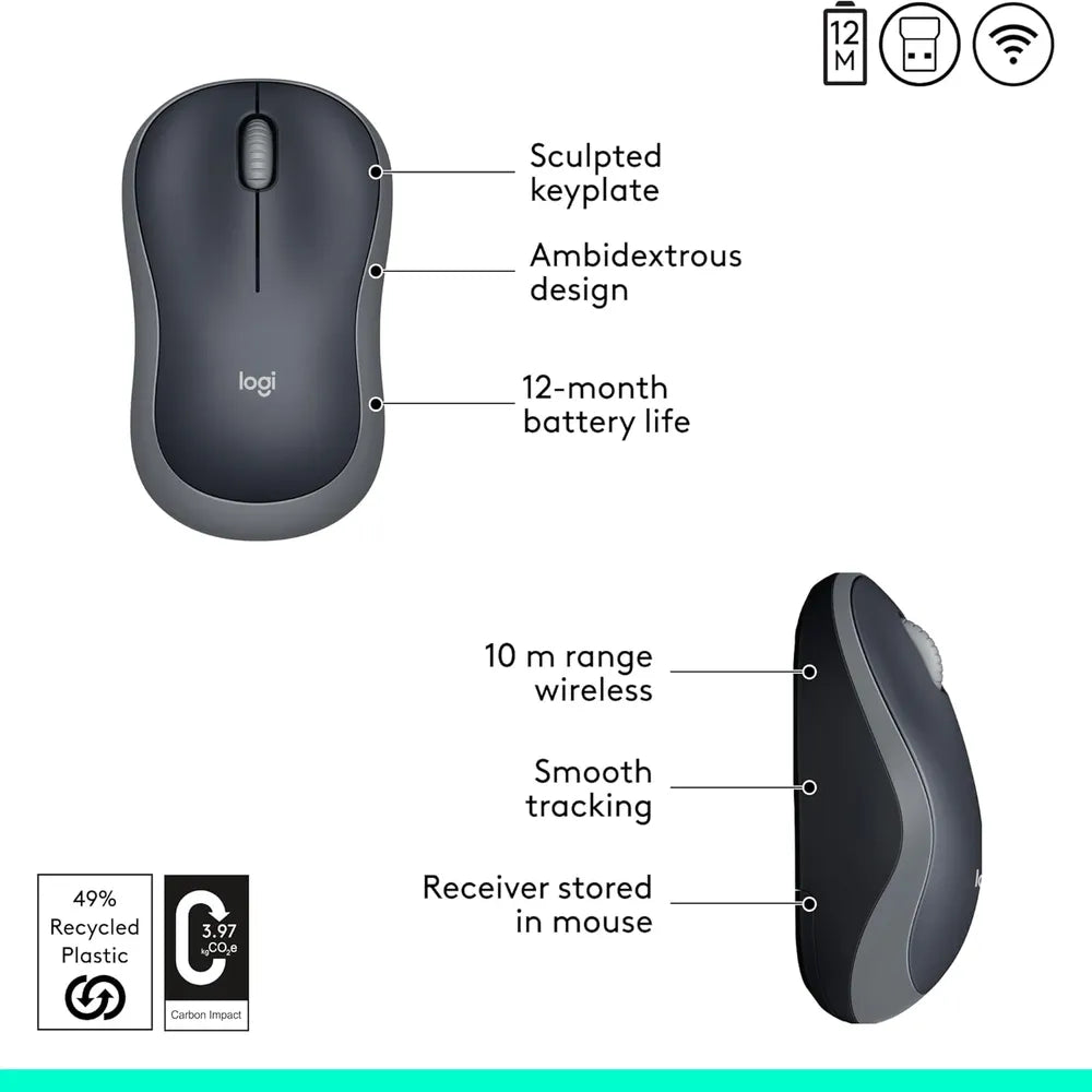 Logitech M186 Wireless Mouse 2.4GHz AA Battery Up To 12 Months– Swift Grey