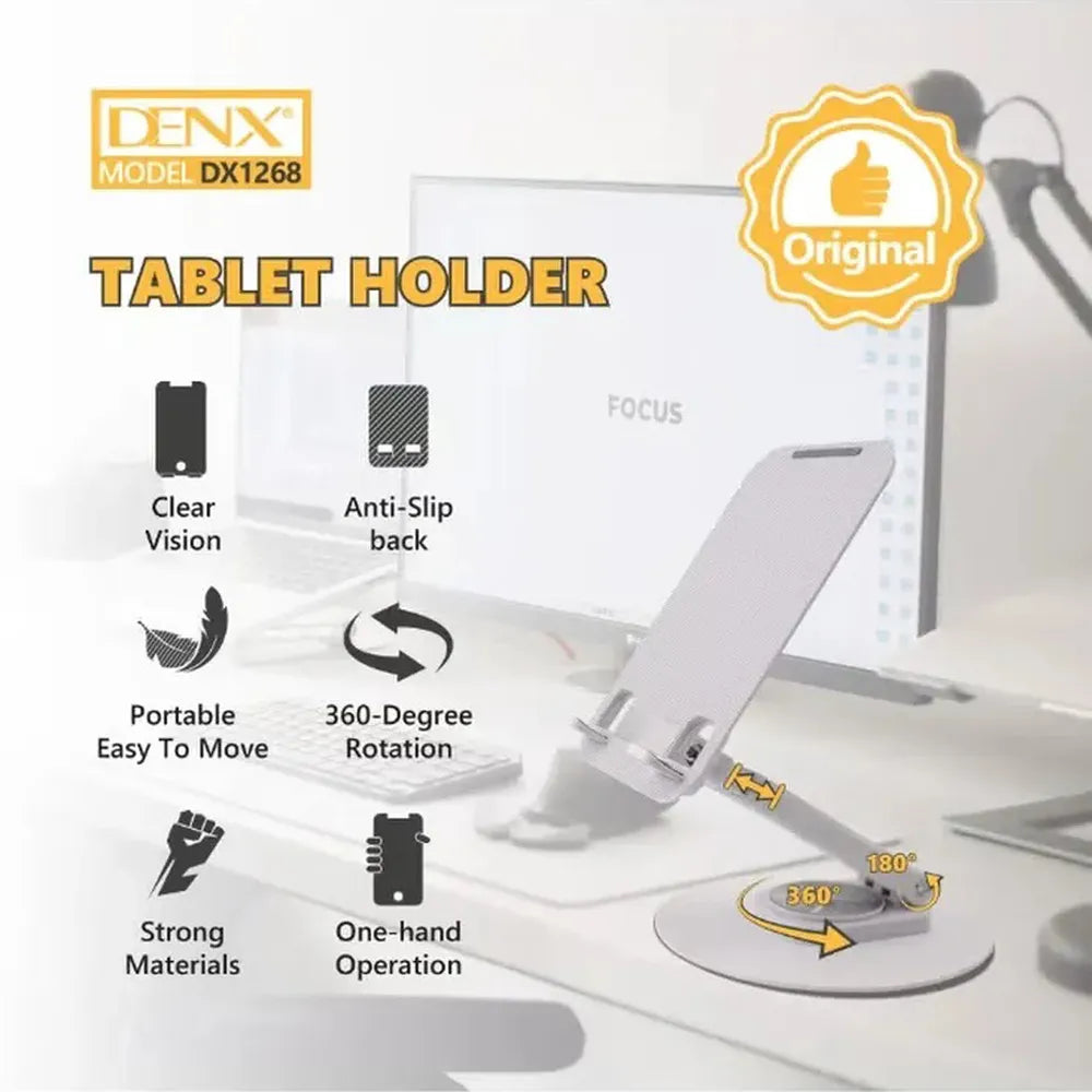 DENX Desktop Tablet & Phone Holder - Model DX1268, 360° Rotating Base, 180° Adjustable Angle, Foldable & Portable Design - Grey/Silver.