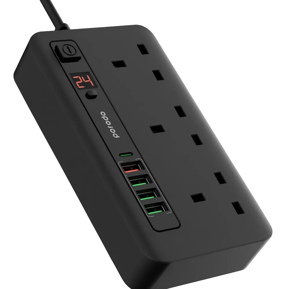 Porodo Multi-Port Power HUB 4 with 3 Power Ports / 4 USB & 1 USB-C PD / Black