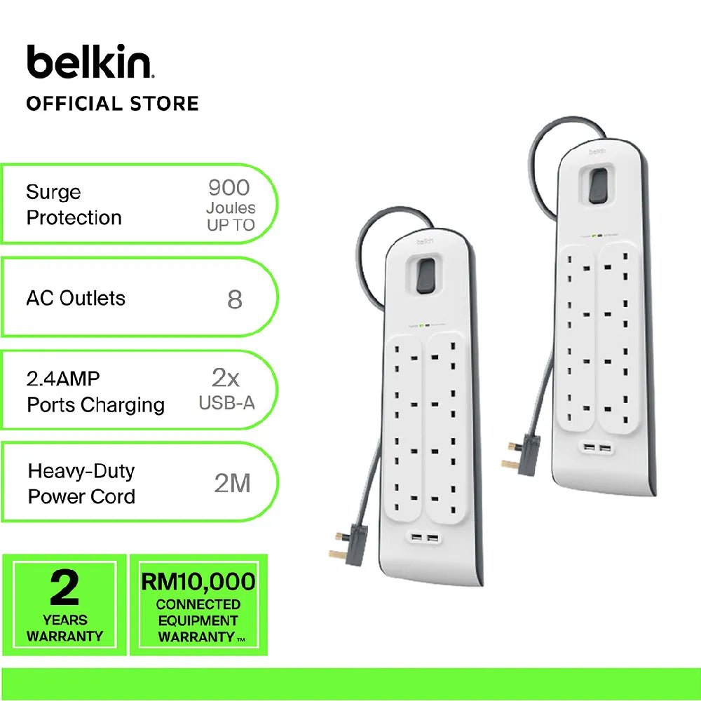 Belkin Surge Plus Power Strip Surge Protector 8 AC Outlets 2 USB Ports 900J Protection