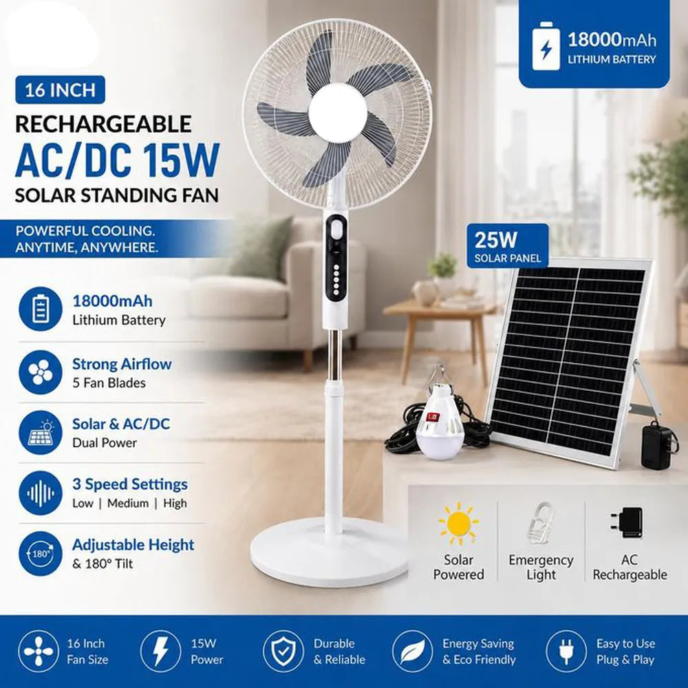 Fuzhao 16-Inch AC/DC Solar Rechargeable Standing Fan Black