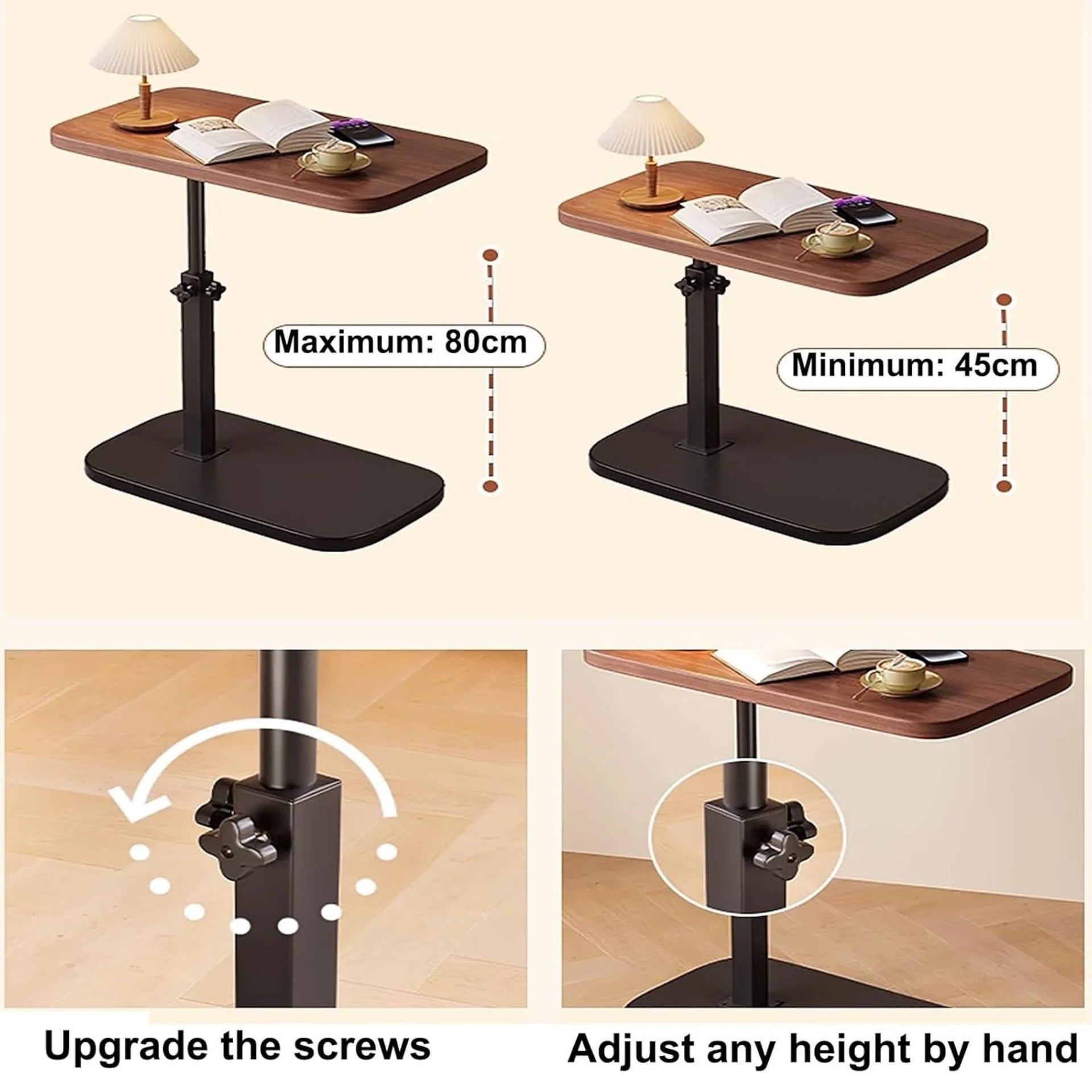 Adjustable Foldable Sofa Side Table Rotating Desktop Height - Wooden