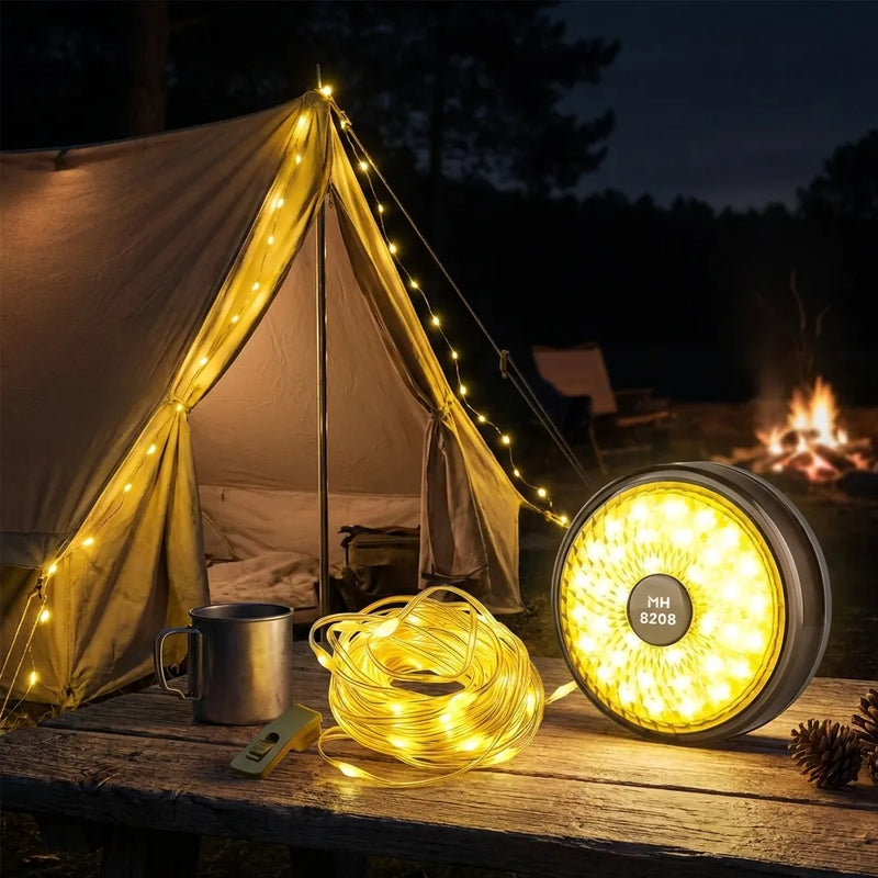 A round solar LED string light with a glowing yellow light, shown next to a coiled cord and a metal mug on a wooden table in front of a lit camping tent at night.
