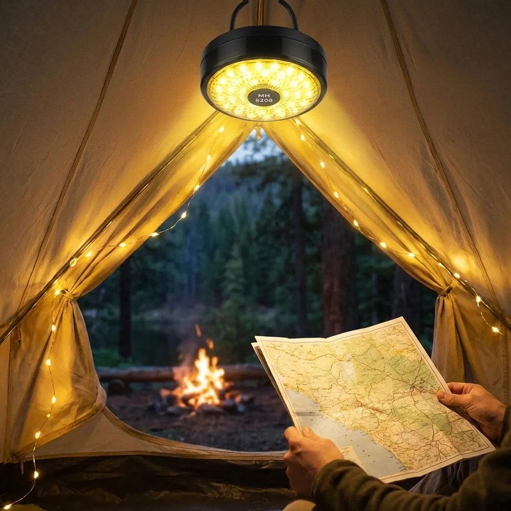 A camping LED lantern light hanging inside a tent, casting a warm yellow glow. A person's hands are visible holding a map in the foreground, with a campfire and forest scenery visible outside the tent entrance.