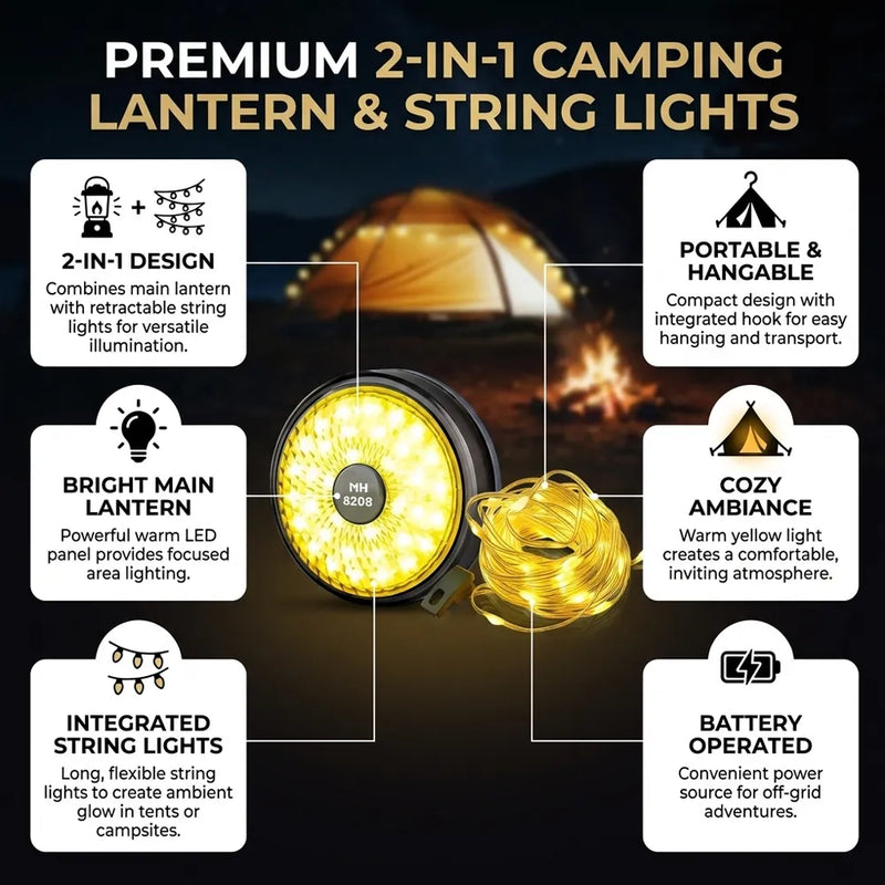 Promotional infographic for a premium 2-in-1 camping lantern and string lights, showing the round lantern with a bright yellow LED panel and connected string lights, surrounded by feature callouts on a dark outdoor background.