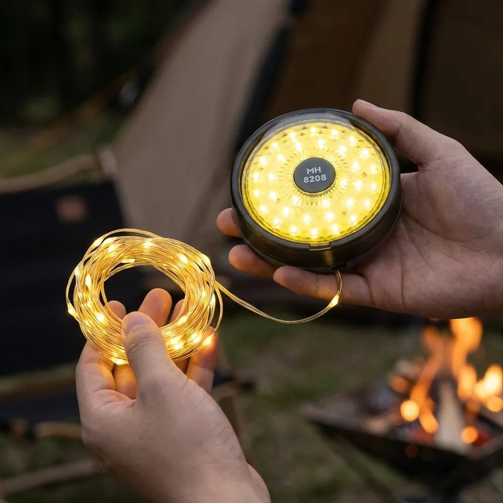 A person holds a round solar LED light and a coiled string of warm white fairy lights outdoors near a campfire, with a tent blurred in the background.