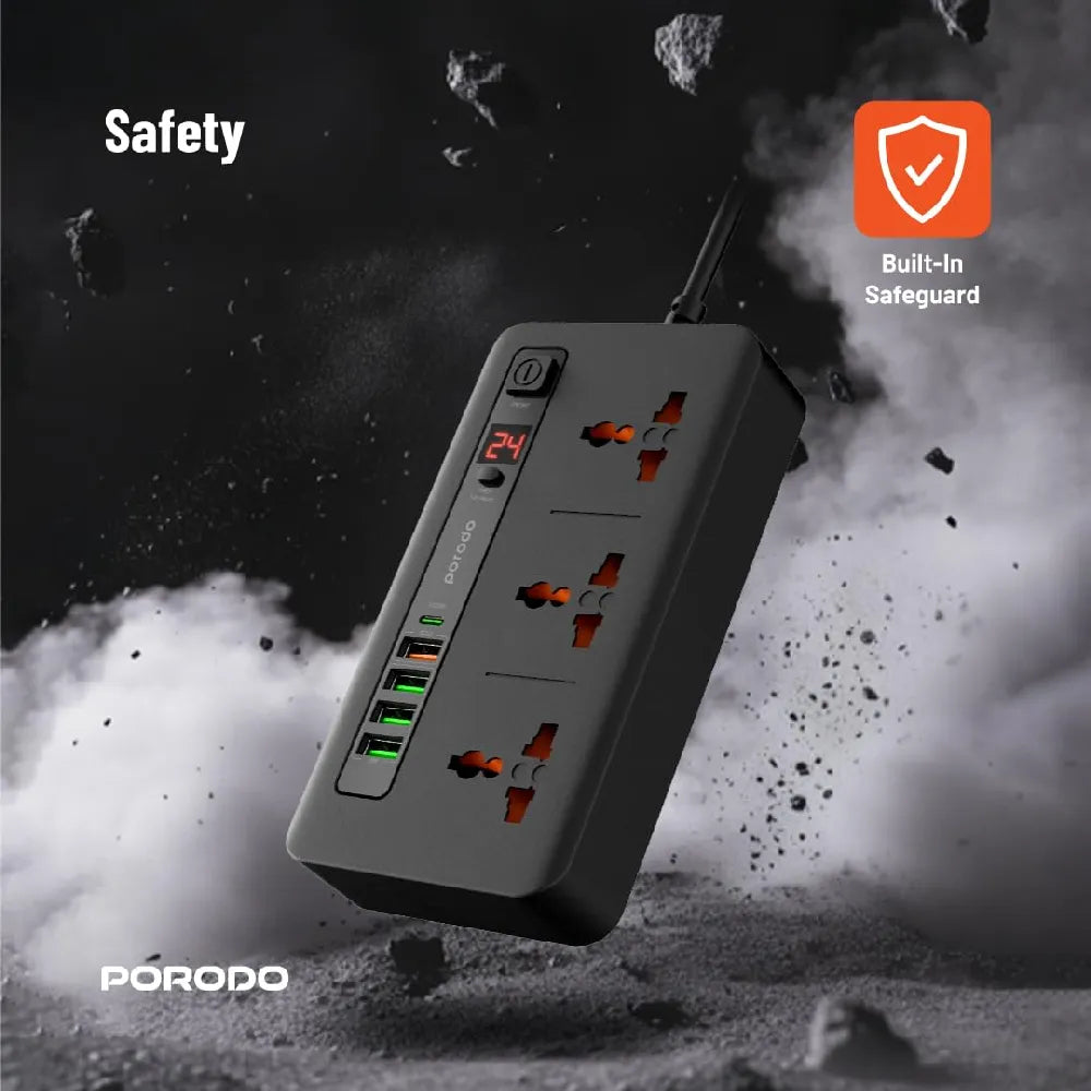 Porodo Quick Charge Power Socket with 5 USB Ports and 3 Sockets 33W