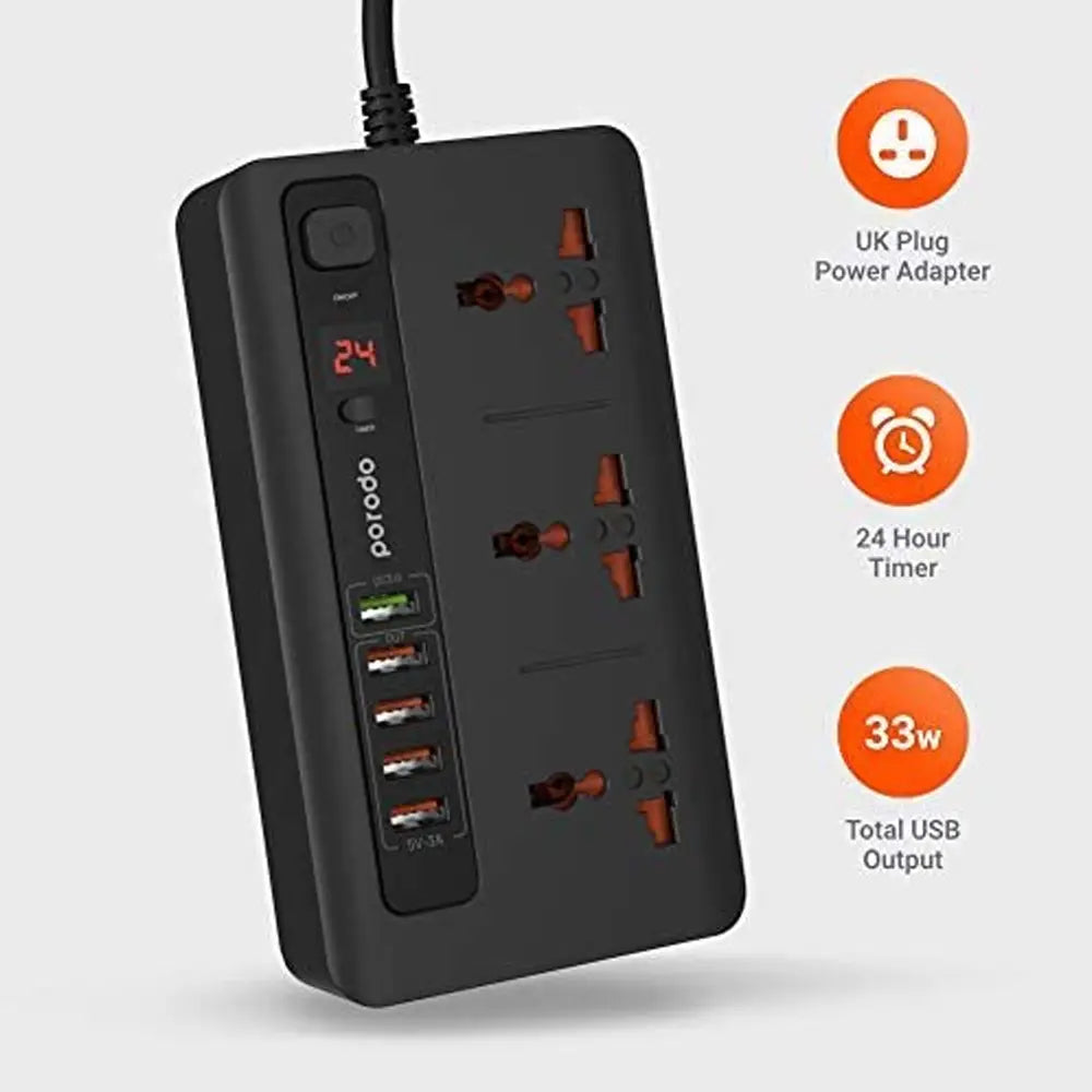 Porodo Quick Charge Power Socket with 5 USB Ports and 3 Sockets 33W