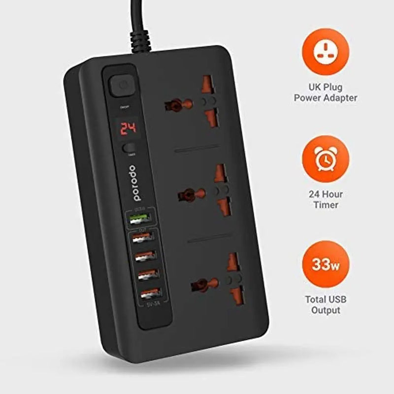 Porodo Quick Charge Power Socket with 5 USB Ports and 3 Sockets 33W