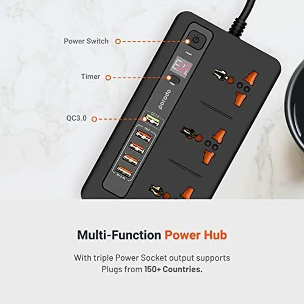 Porodo Quick Charge Power Socket with 5 USB Ports and 3 Sockets 33W