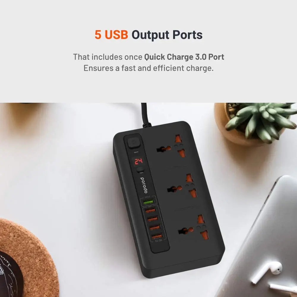 Porodo Quick Charge Power Socket with 5 USB Ports and 3 Sockets 33W