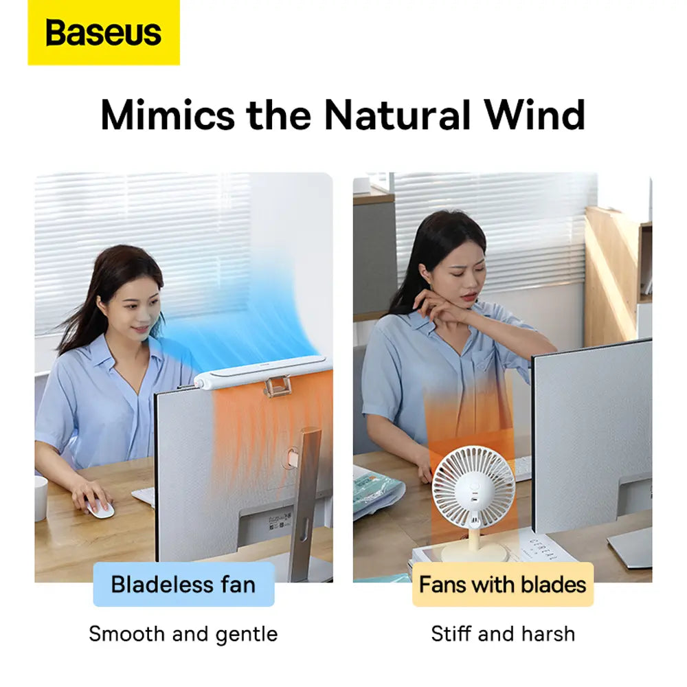 Baseus 2-in-1 Monitor Clip-On & Stand-Up Desk Bladeless Fan Wide Range Wind Outlet Type-C Rechargeable