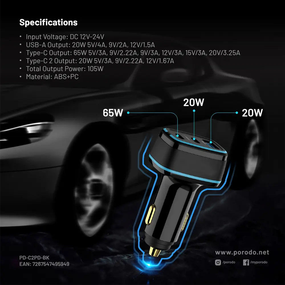 Porodo 105W Dual PD Super Fast Car Charger