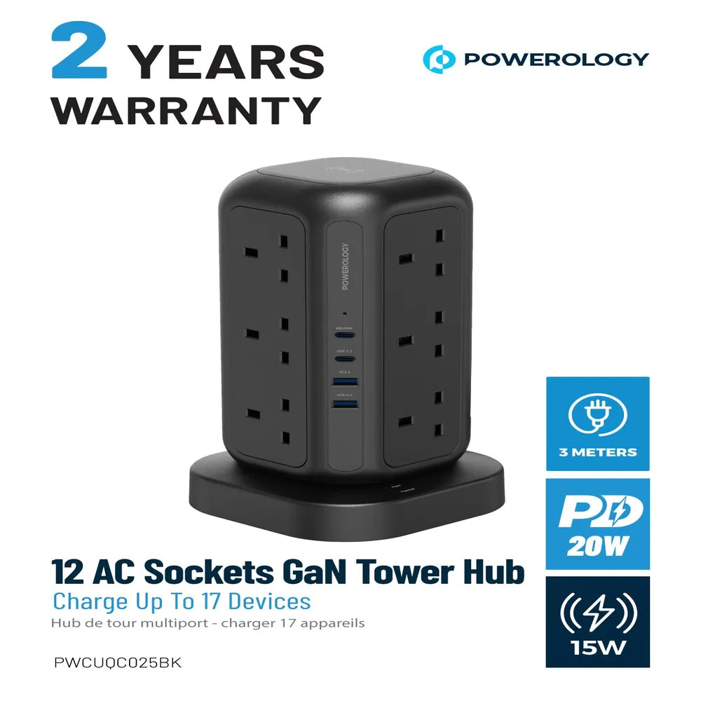 Powerology Multi-Port Tower with 15W Wireless Charger 12 UK Sockets 3250W Rated Power