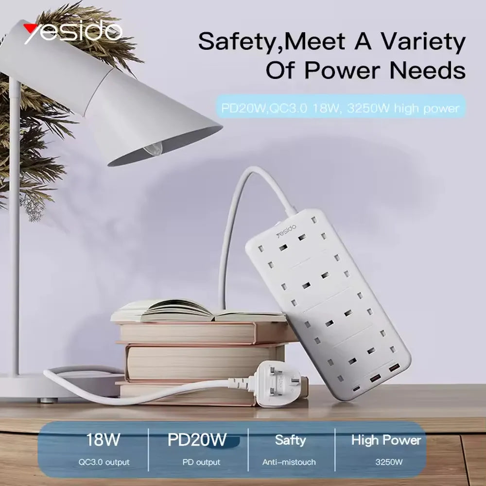 Yesido MC-16 Power Strip with 8 Outlets and 3 USB Ports 3250W