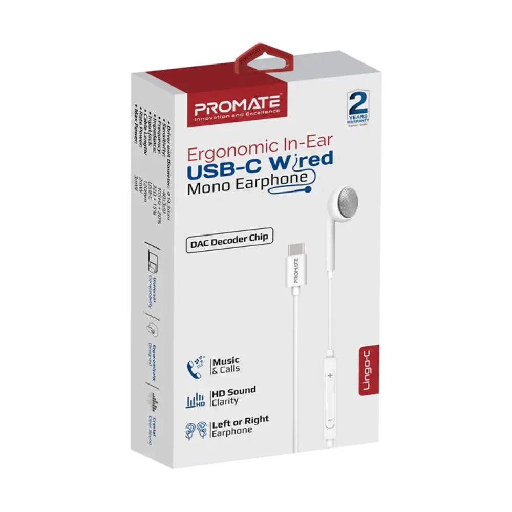 PROMATE Ergonomic In-Ear USB-C Wired Mono Earphone
