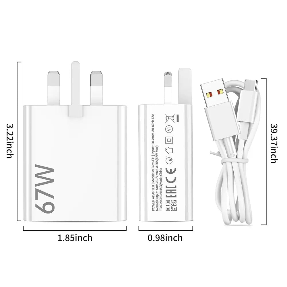 Power Fast Charging Adapter with USB-A to USB-C Compact Dual Port Universal Compatible 67W