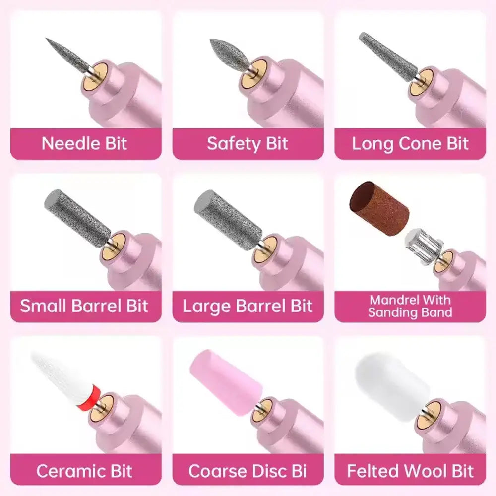 Portable Electric Nail Drill Machine with 9pcs Nail Drill Bits Type-C Rechargeable 2-5H Battery Life