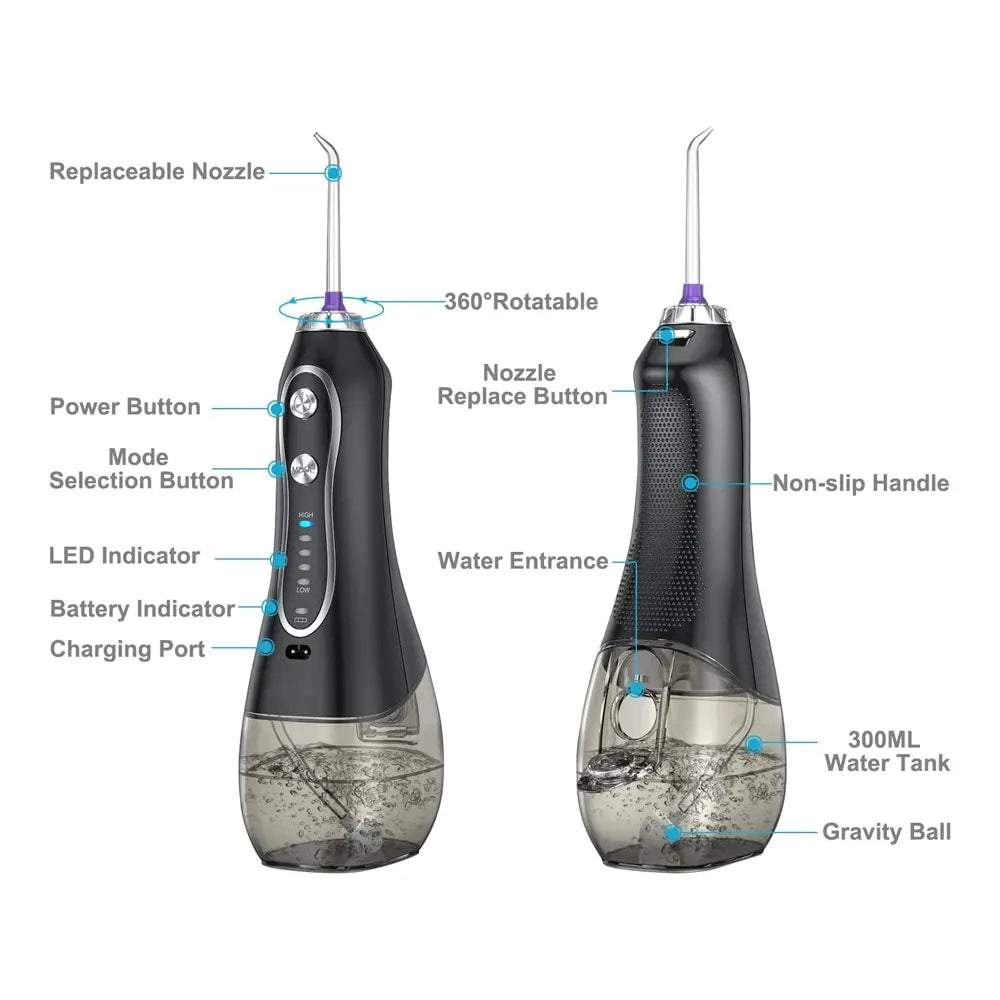 H2ofloss Portable Powerful Water Flosser Dental Oral Irrigator With 7 Replaceable Nozzle 300mL Water Tanks 2500mAh