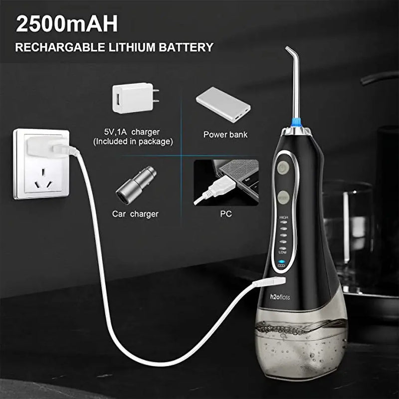 H2ofloss Portable Powerful Water Flosser Dental Oral Irrigator With 7 Replaceable Nozzle 300mL Water Tanks 2500mAh
