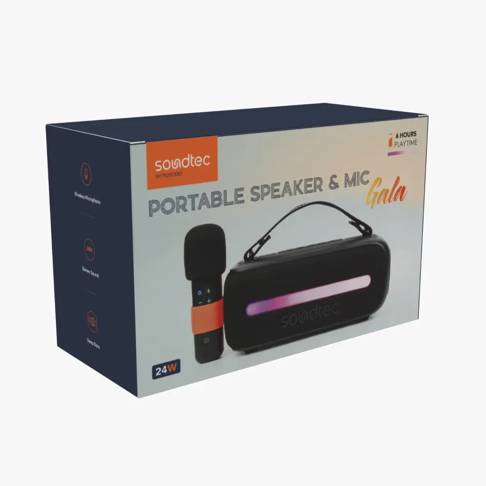 Porodo Soundtec Speaker with Wireless Microphone 24W 3600mAh/3.7V Battery 6 Hours Playtime – Black