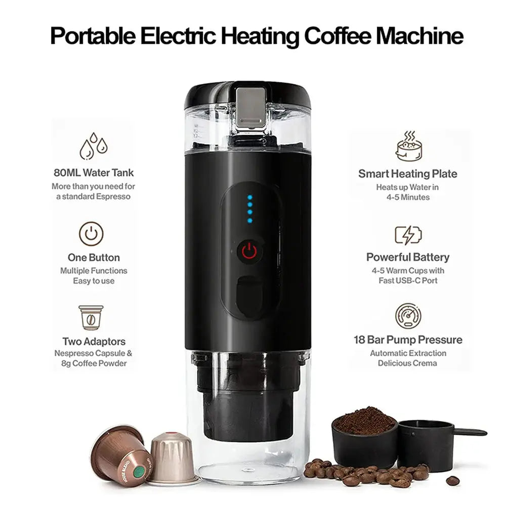 Espresso Coffee Maker 60ml Brewing Capacity Stainless Steel Wireless Heating 18Bar USB Type-C Rechargeable