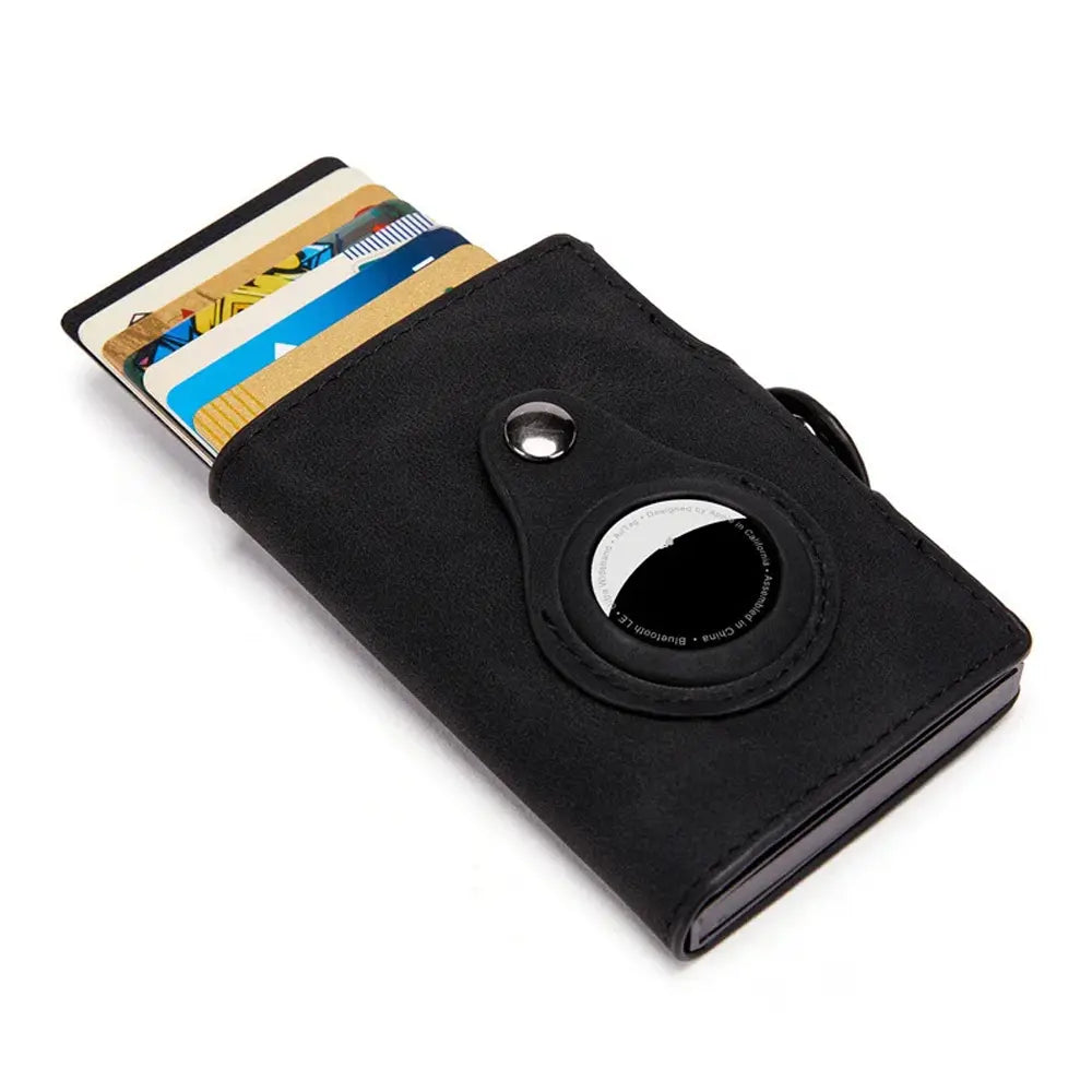 Leather Rfid Card Holder with Airtag-Black