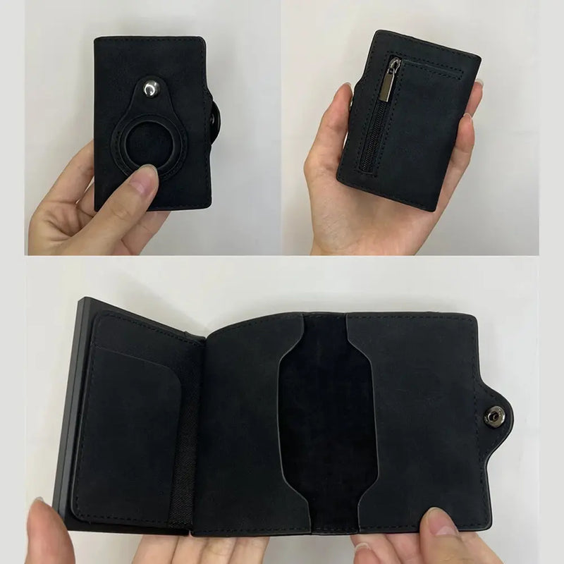 Leather Rfid Card Holder with Airtag-Black