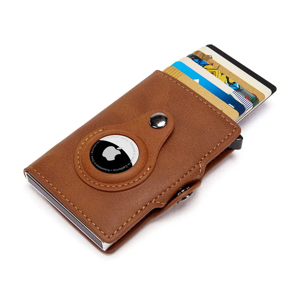Leather Rfid Card Holder with Airtag-Brown