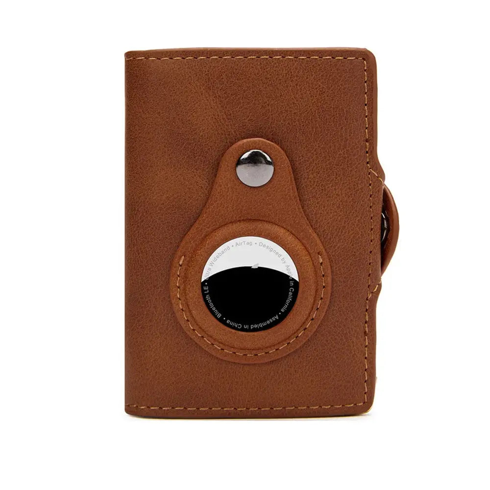 Leather Rfid Card Holder with Airtag-Brown