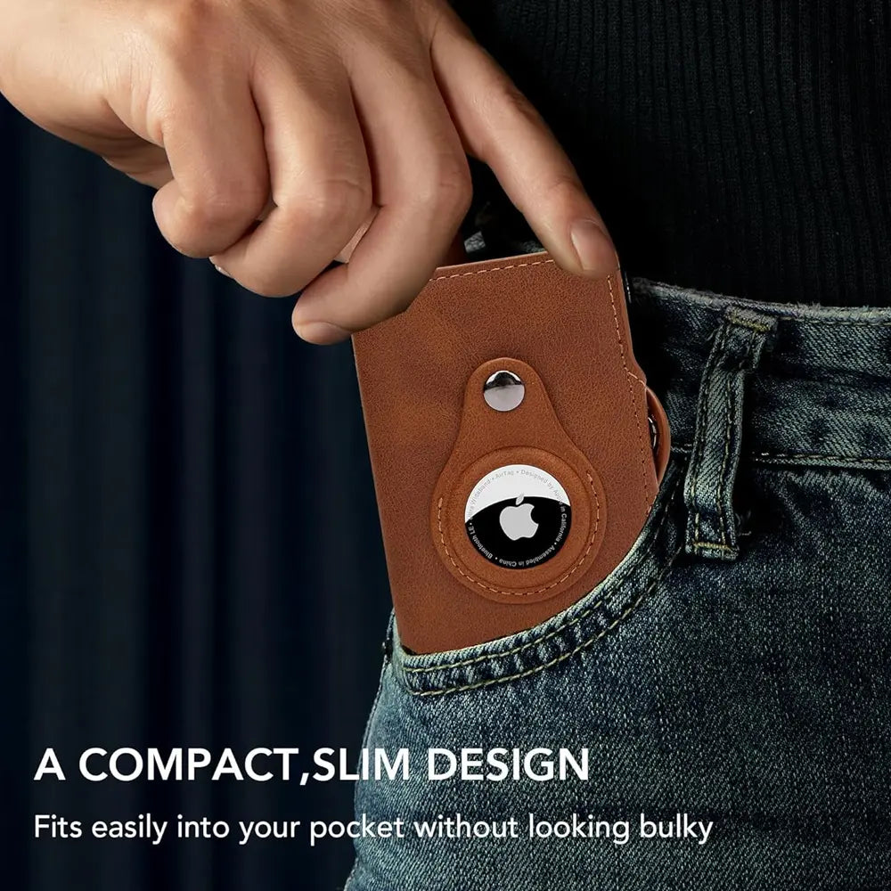 Leather Rfid Card Holder with Airtag-Brown