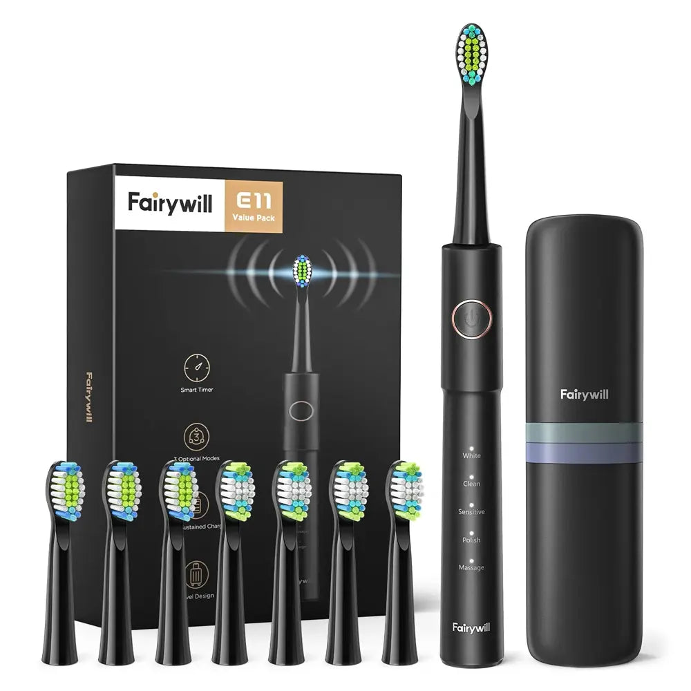 Fairywill E11 Electric Toothbrush with 8 Bursh Heads 5 Modes USB Rechargeable