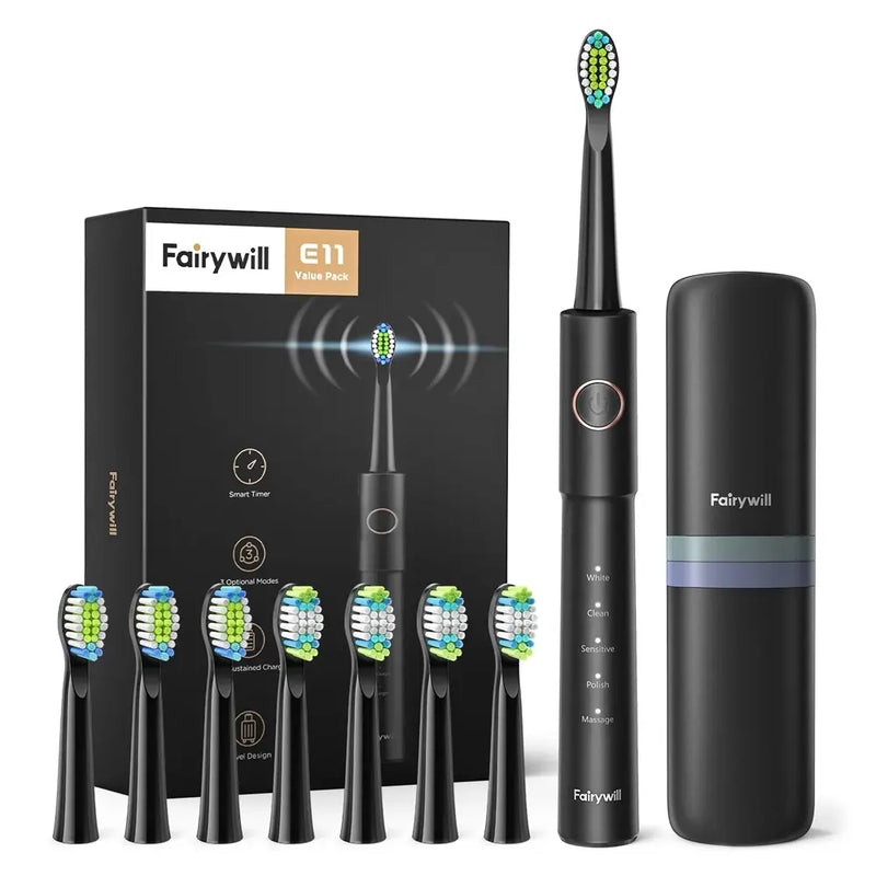 Fairywill E11 Electric Toothbrush with 8 Bursh Heads 5 Modes USB Rechargeable