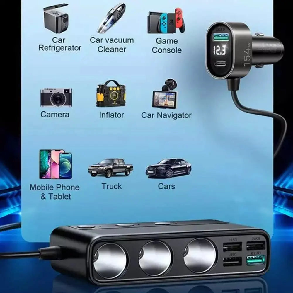 Joyroom JR-CL06 Multi-Port Car Cigarette Lighter with 3 Cigarette Lighter Ports, 5 USB Ports & 1 Type-C Port