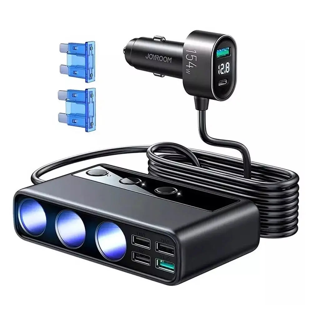 Joyroom JR-CL06 Multi-Port Car Cigarette Lighter with 3 Cigarette Lighter Ports, 5 USB Ports & 1 Type-C Port