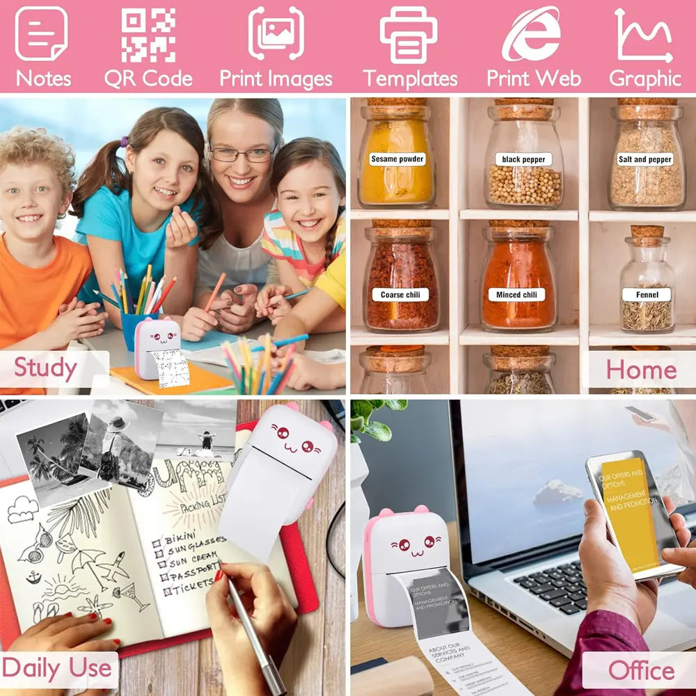 Portable Mini Printer Inkless Thermal Printing Bluetooth & USB Connectivity - Pink