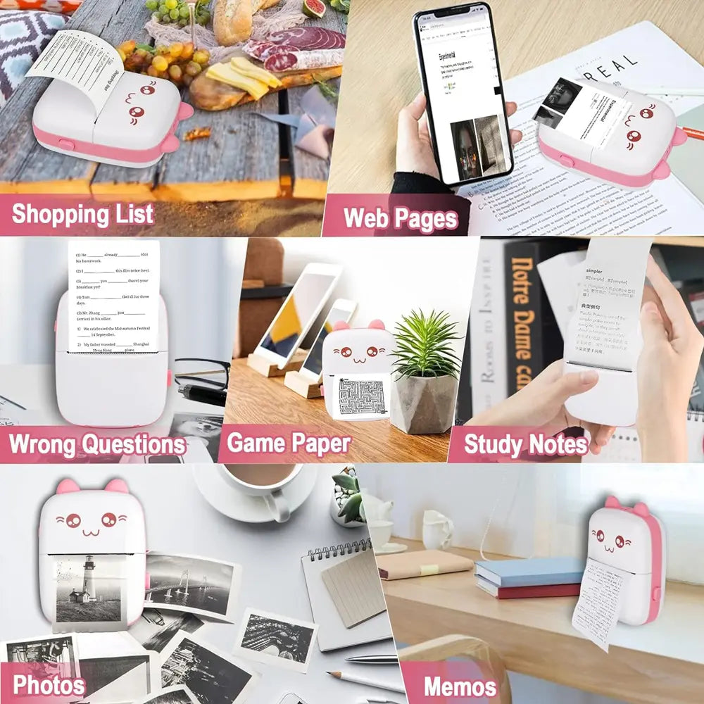 Portable Mini Printer Inkless Thermal Printing Bluetooth & USB Connectivity - Pink