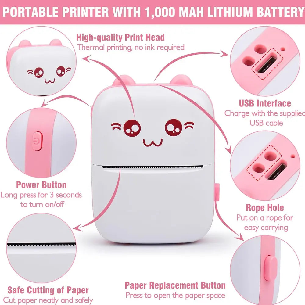 Portable Mini Printer Inkless Thermal Printing Bluetooth & USB Connectivity - Pink