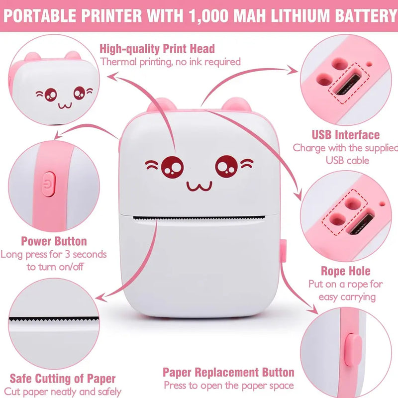 Portable Mini Printer Inkless Thermal Printing Bluetooth & USB Connectivity - Pink
